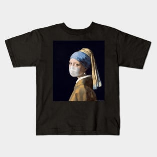 Famous Painting Girl with a Pearl Earring Wearing Mask Kids T-Shirt